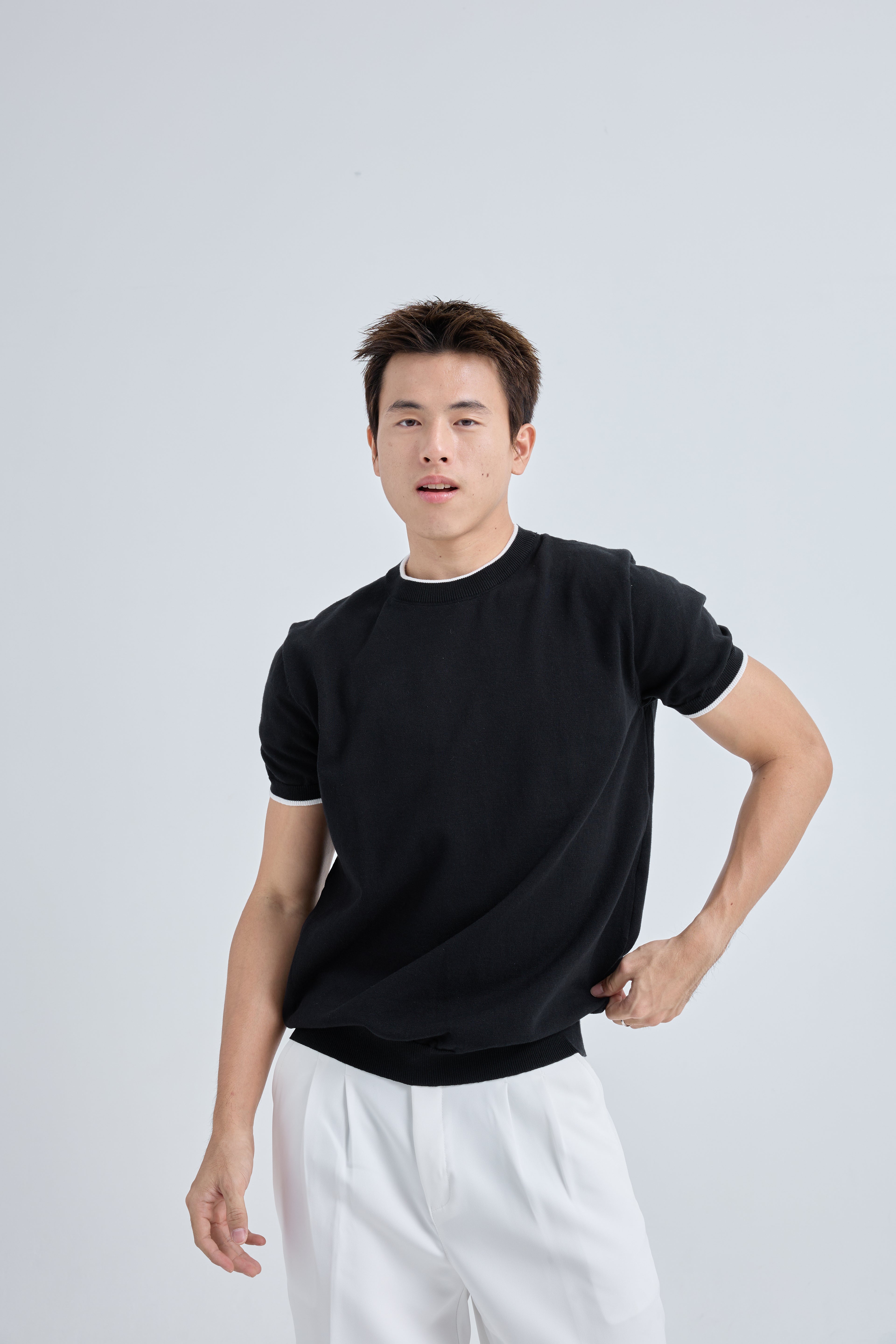Layer Premium Knit T-Shirt เสื้อไหมพรมคอกลม เลเยอร์คอเสื้อและแขน (SB0844)