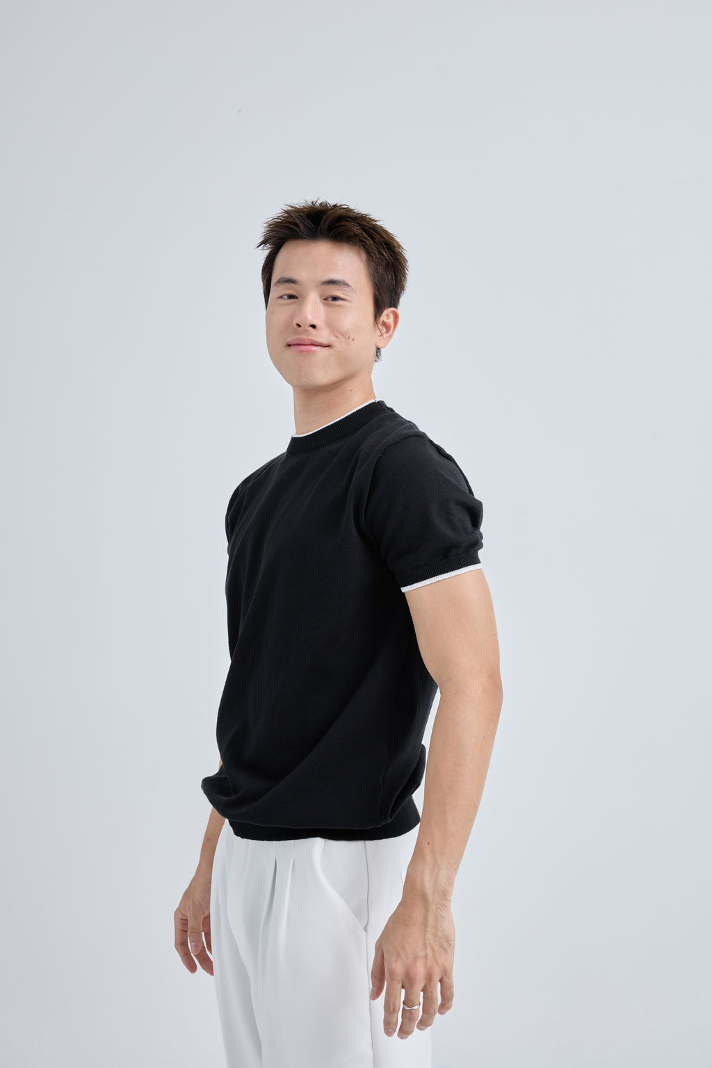 Layer Premium Knit T-Shirt เสื้อไหมพรมคอกลม เลเยอร์คอเสื้อและแขน (SB0844)