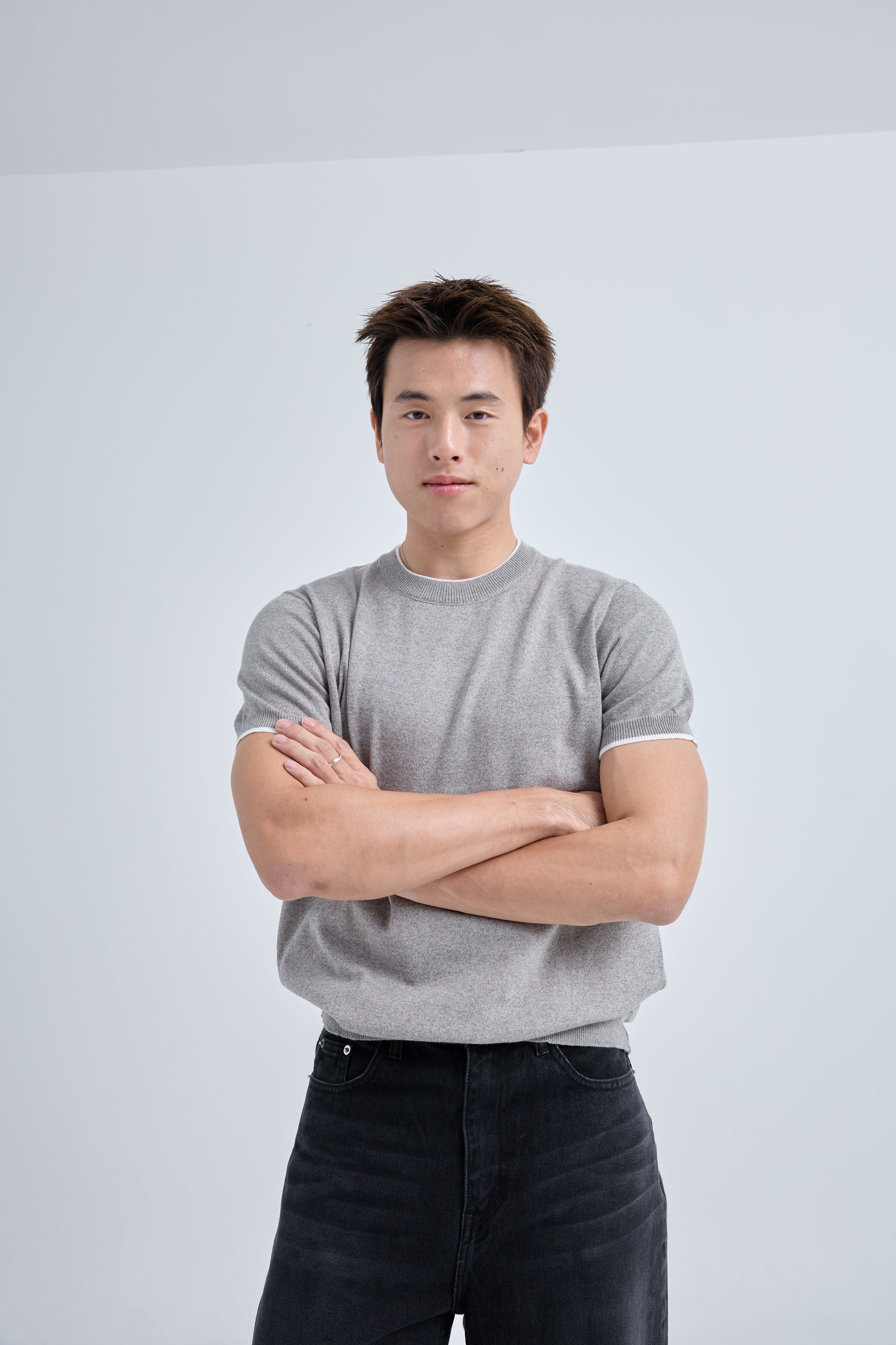 Layer Premium Knit T-Shirt เสื้อไหมพรมคอกลม เลเยอร์คอเสื้อและแขน (SB0844)