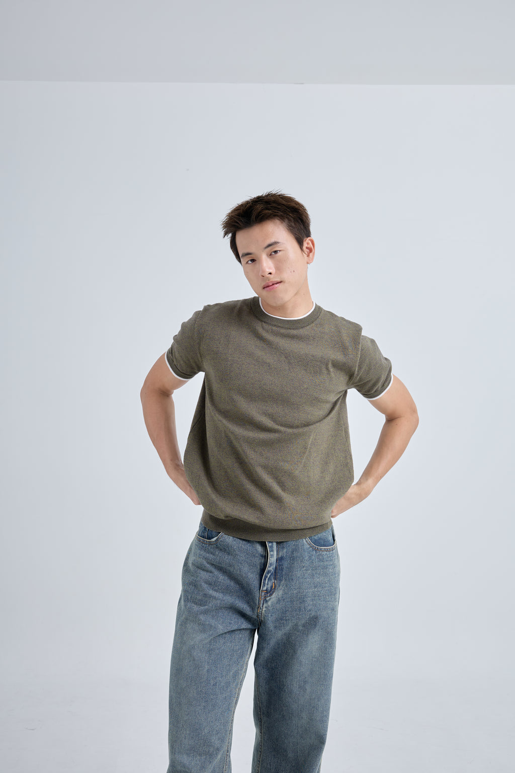 Layer Premium Knit T-Shirt เสื้อไหมพรมคอกลม เลเยอร์คอเสื้อและแขน (SB0844)
