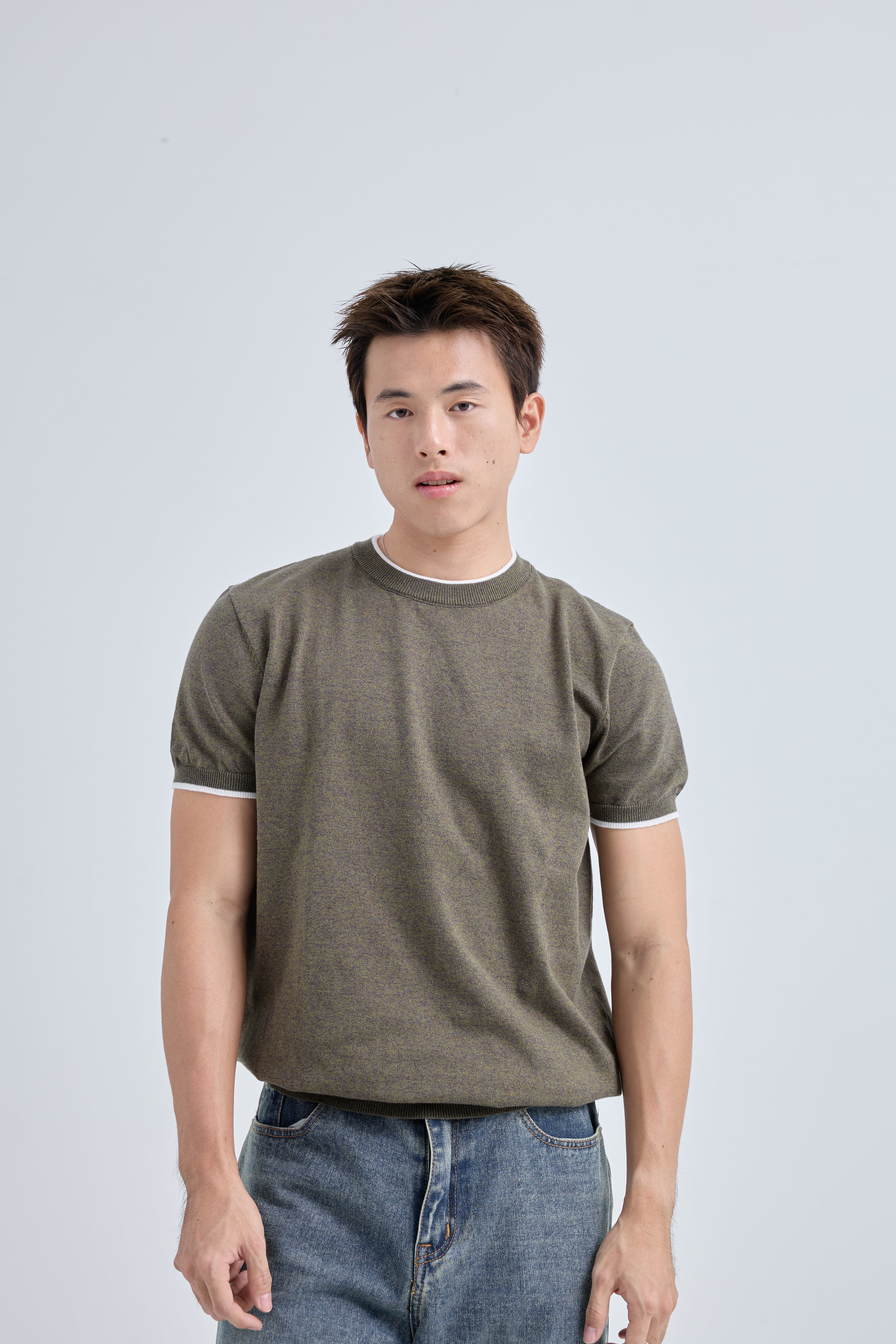 Layer Premium Knit T-Shirt เสื้อไหมพรมคอกลม เลเยอร์คอเสื้อและแขน (SB0844)