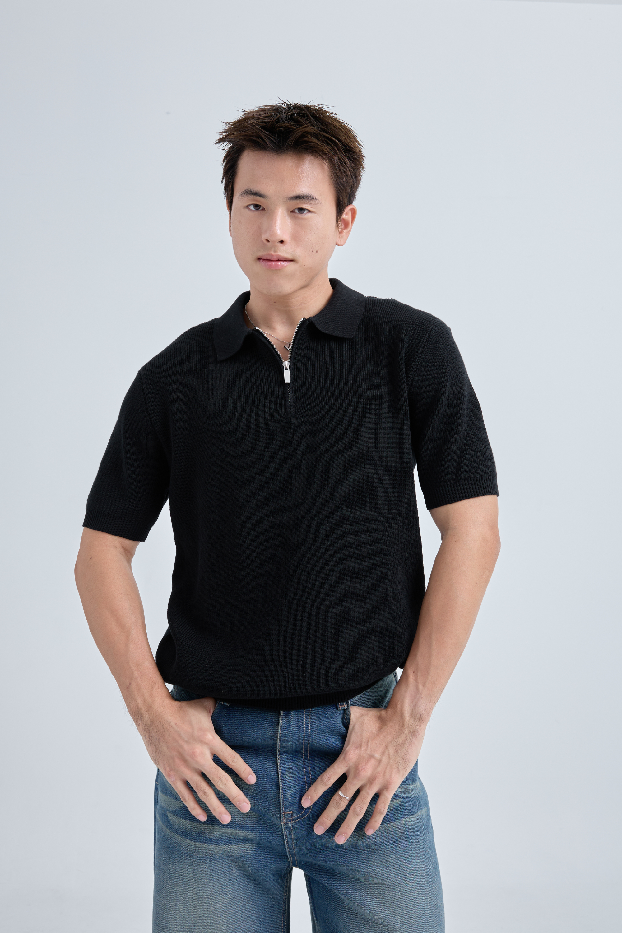 Zipper Premium Knit Polo เสื้อไหมพรมคอปก สีพื้น ซิปคอ (SB0843)